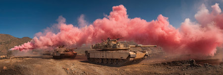 Military tanks shrouded in pink smokeの素材