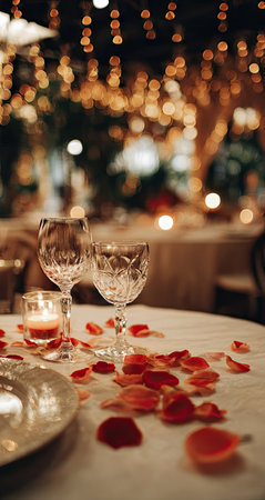 Romantic table setting with rose petals and candlesの素材