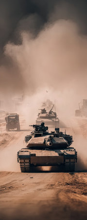 Military tanks moving through a dusty desert landscapeの素材