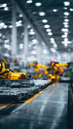 Automated assembly line in a factory. Blurred yellow robots work on partsの素材