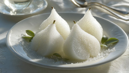 Four sugared pear-shaped desserts on a plateの素材