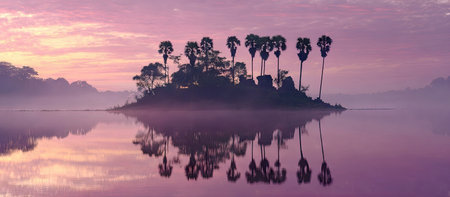 Misty island at dawn reflected in a still lakeの素材