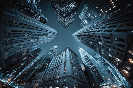 Night cityscape, looking up at skyscrapersの素材
