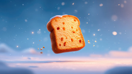 Floating slice of golden bread, iced topの素材