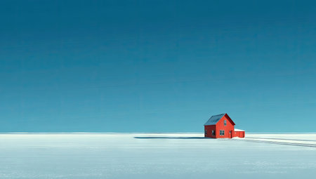 Red cabin in snow-covered landscape under clear blue skyの素材