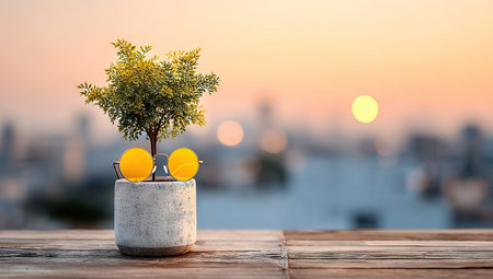 Small plant in pot, sunglasses, sunset cityscapeの素材