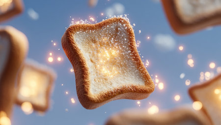 Floating toasted bread slices, dusted with sugar, lit from withinの素材
