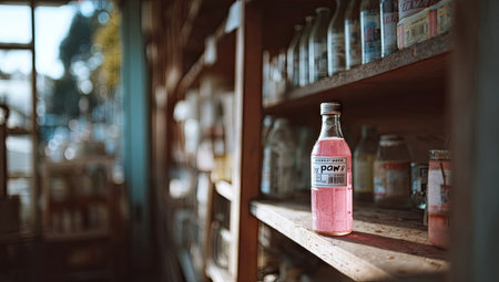 Pink bottle on wooden shelf in a vintage shop. Sunlight streams inの素材