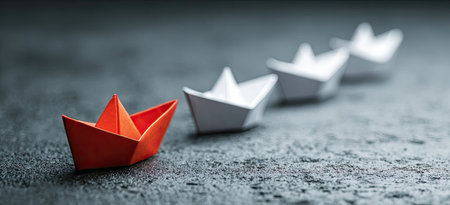 Single origami boat stands out from a line of similar craft boatsの素材