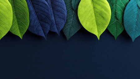 Vibrant leaves in shades of green and blue, arranged in a horizontal row against a dark navy backgroundの素材