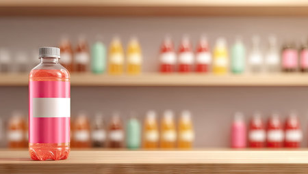 Pink drink bottle on wooden shelf, blurred background of drinksの素材
