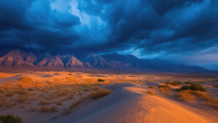Dramatic desert sunset with storm clouds over mountainsの素材