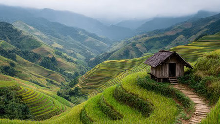 Rustic wooden hut nestled in terraced rice paddies, dramatic mountain backdropの素材