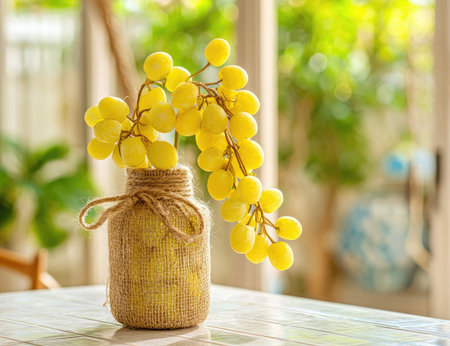 Yellow grapes in a rustic vaseの素材