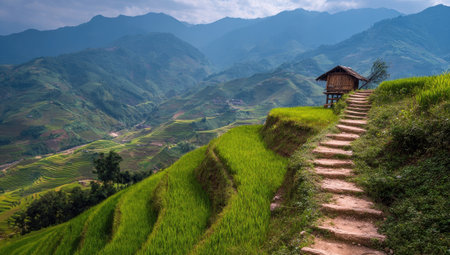 Terraced rice paddies, rustic hut, mountain vistaの素材
