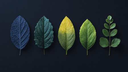 Five leaves in varying stages of color and growth, displayed against a dark backdropの素材
