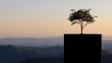 Small tree atop dark block, mountain backdrop at sunriseの素材