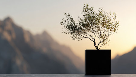 Small tree in black cube pot, mountain backdropの素材