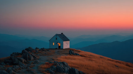 White mountain hut at sunsetの素材