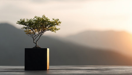 Small bonsai tree in a black cube, sunrise mountainsの素材