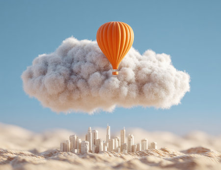 Orange hot air balloon floats above fluffy cloud over cityの素材