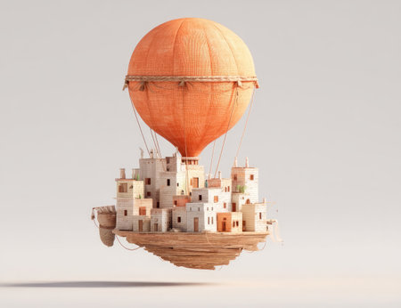 Floating city on an orange hot air balloonの素材