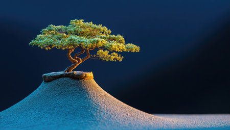 Miniature bonsai tree atop a sand duneの素材