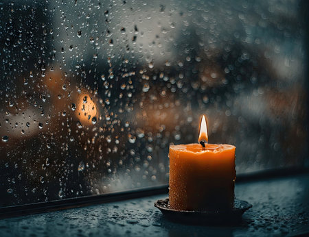 Candle flame glows through rainy windowの素材