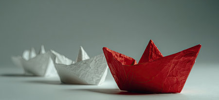 Three paper boats, two white, one red, in a rowの素材