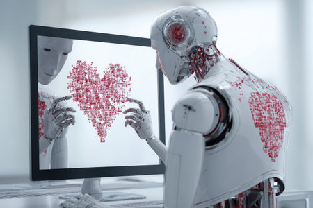 Two robots interact with a heart graphic on a monitorの素材
