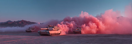 Desert tanks, pink smoke, dramatic skyの素材