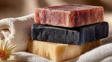 Stacked artisanal soaps, light beige, dark grey, and pinkish-red, on white linen towelsの素材