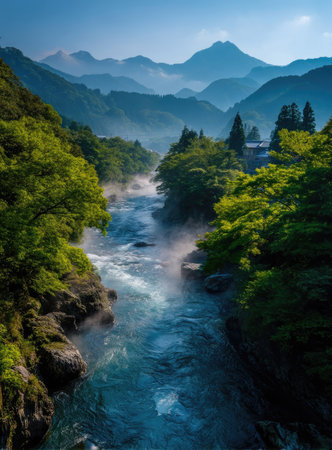 Misty mountain river valley. Lush greenery surrounds a flowing river, with hazy mountains in the backgroundの素材