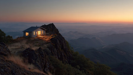 Mountaintop cabin glows at sunsetの素材