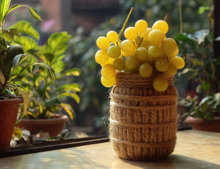 Yellow grapes in a woven jarの素材
