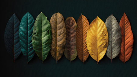 Colorful leaves in a horizontal row, various shadesの素材