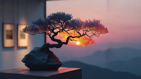 Bonsai at sunset, framed by artの素材