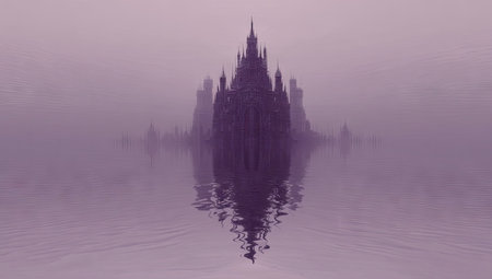 Misty, dark castle on a still waterの素材