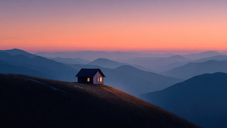 Small cabin atop misty mountain range at dawnの素材