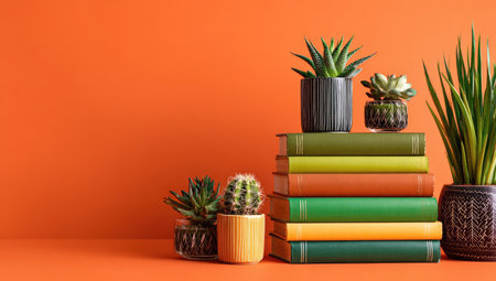Stacked books, potted succulents, and cacti on vibrant orange backgroundの素材
