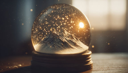 Snowy mountain scene in a glass orb, sunlight through snowの素材