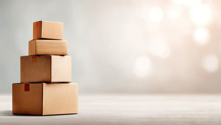 Stacked cardboard boxes on a light surfaceの素材