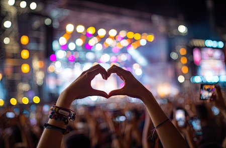Crowd at concert with hands in heart shape on bokeh backgroundの素材