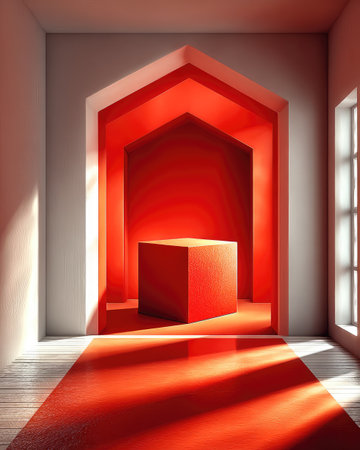 3d render of a room with a red door and a podiumの素材