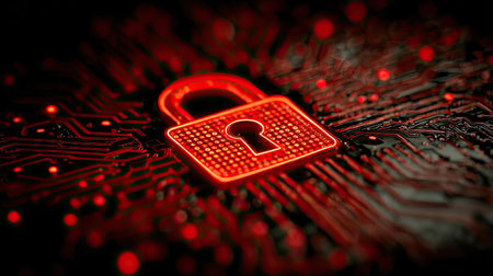 Cyber security concept. Padlock on computer circuit board. 3d illustrationの素材