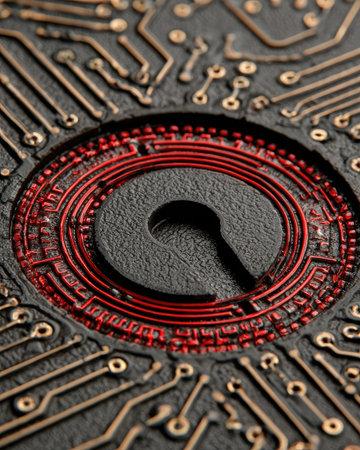 Circuit board with question mark, close-up. Technology backgroundの素材