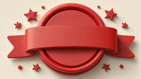 3d render of red badge with red ribbon and stars on white backgroundの素材
