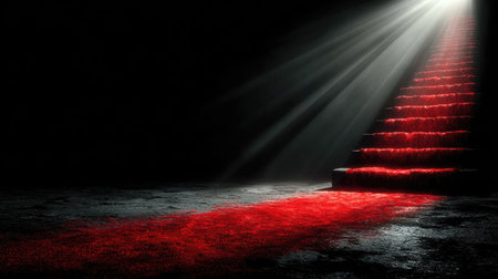 Red carpet on dark stage illuminated by spotlights. 3D renderingの素材