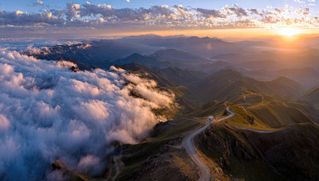 Aerial view of the road in the mountains at sunset. Panoramaの素材