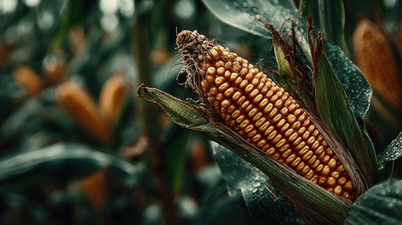 Ripe corn on the cob in the field. Close-up.の素材